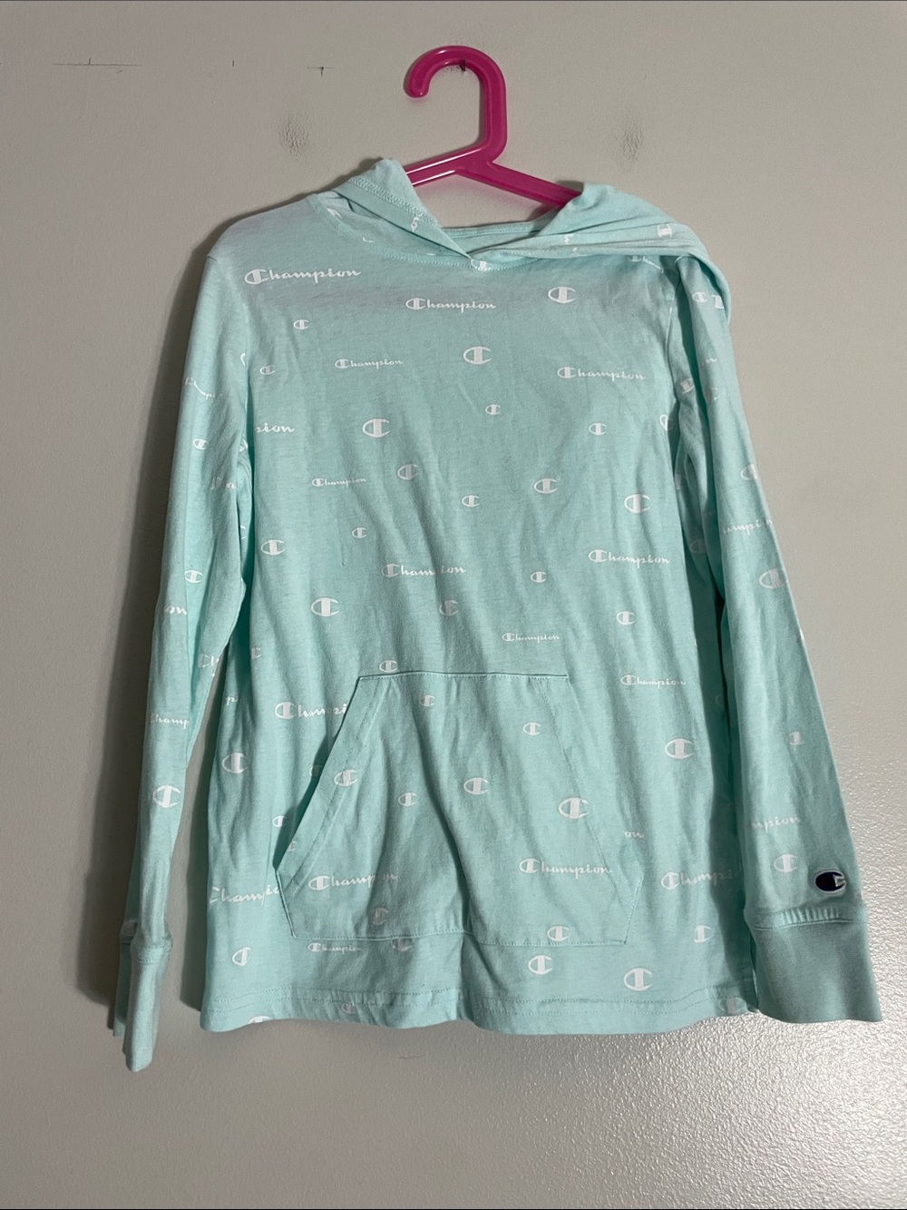 Champion Hoodie Aqua Jersey All Over Logo Print Medium Kids Pullover